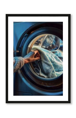 Washing machine in laundry room with basket full of clothes