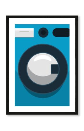 Blue washing machine with button. Suitable for laundry service website, household appliance blog, or cleaning product advertisement.