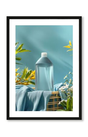 Laundry Detergent on Wicker Basket with clothes. Big bottle with cleaning agent of a cloth-covered laundry basket. Blank mockup with copy space for product design.