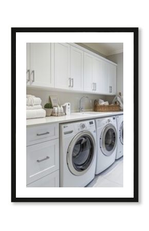 A neatly organized laundry room featuring a modern washing machine, white shelves with towels, and natural light.