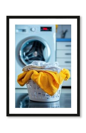 Laundry basket and washing machine on blurred background with space for text placement