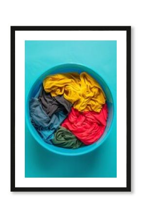 Colorful clothes ready to be washed in a plastic basin. Top view of colorful laundry clothes in a basin.