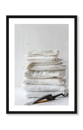 Industrial laundry with stack of clean sheets, surgical clothes and iron on white background