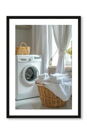 A white washing machine with clothes, placed either in the kitchen or laundry room