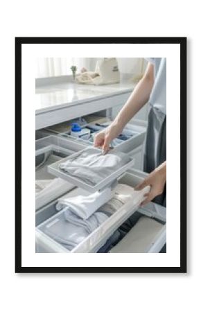 Modern Home Laundry Service Setup with Clean, Organized Clothing Folders and Bright Interior