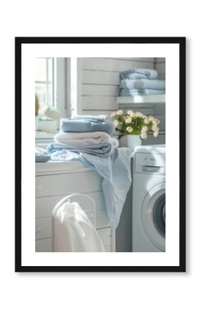 A stack of neatly folded clean laundry sits on a white dresser in a laundry room. A white washing machine is in the background. Generative AI