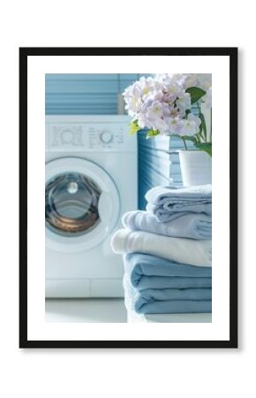 A stack of neatly folded, clean laundry sits next to a white washing machine in a modern bathroom. Generative AI