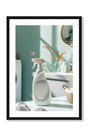 Elegant laundry detergent bottle and cleaning supplies on table. Commercial product photography