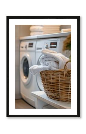 Clean clothes and fresh linens. Laundromat scene with washing machines, a basket of folded towels, and essential supplies for laundry day.