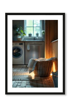 Wicker basket overflowing with clothes on wooden floor in laundry room with washing machine in background