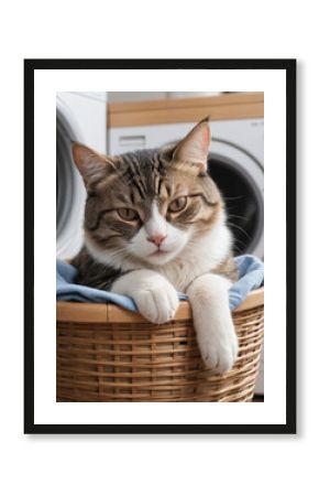  A cat sleeping peacefully in a laundry basket. 