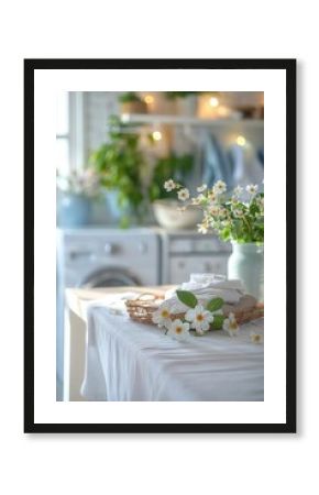 White table with clean tablecloth, laundry room setting, blurred background, bright lighting, ample copy space for design and advertisement, minimalistic