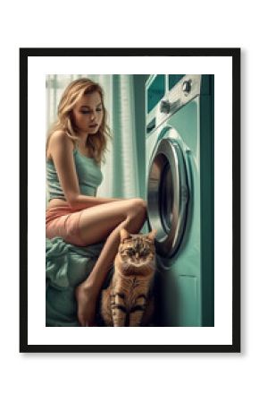 Woman is washing clothes with cat. Bathroom interior in apartment, cozy house. Washing machine with dirty laundry