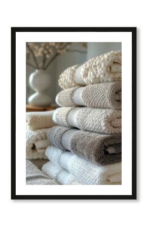 stack of grey and white texture towels on blurred interior  background. copy space. spa and wellness environments, promoting relaxation and hygiene