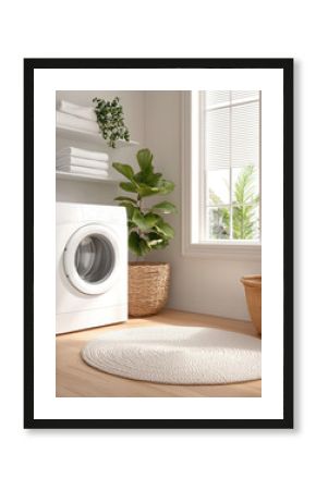 Washing Machine, Minimalist Laundry Room with Green Plant