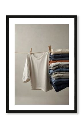 Stylish clean clothes on a line, set against a white backdrop.