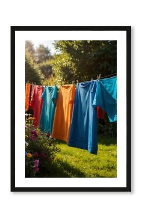 Vibrant clothes drying in a sunlit garden.
