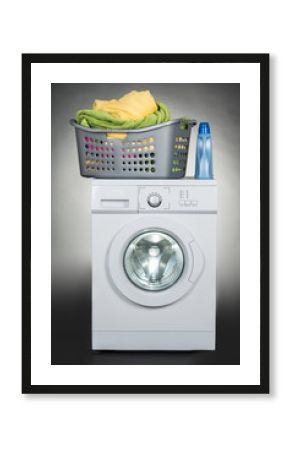 Washing Machine With Basket Against Gray Background