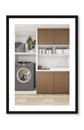 3d rendering wood laundry room with washing machine