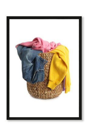 Wicker laundry basket with different clothes isolated on white