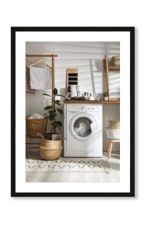 Stylish bathroom interior with modern washing machine