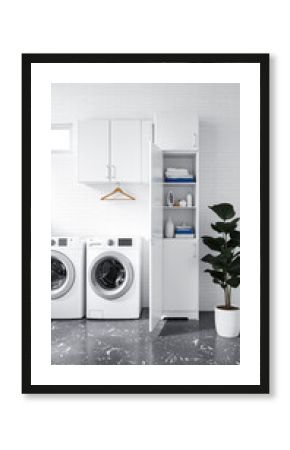 modern laundry room with white cabinets and a gray terrazzo floor