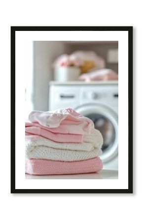 Soft baby clothes neatly folded in elegant colors with a blurred modern washing machine in a bright laundry room