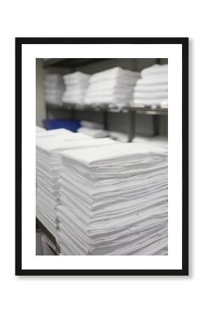 Neatly Stacked White Linens on Shelves in Laundry Room close up shot in neutral lighting for clean aesthetic