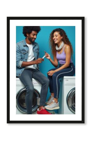 Joyful couple sharing a playful moment in a laundry room