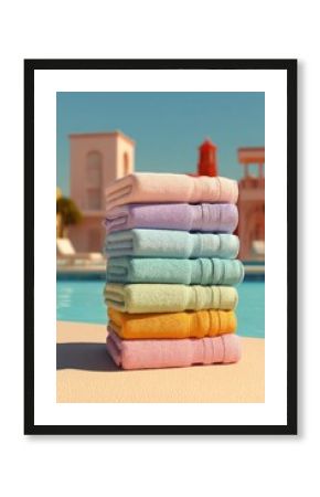 Brightly Colored Towels Stacked Neatly at a Laundry Area on a Sunny Day