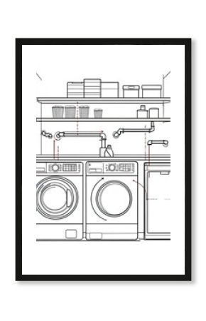 Minimalist Line Drawing Of A Laundry Room With Washer Dryer And Dishwasher With Overhead Plumbing