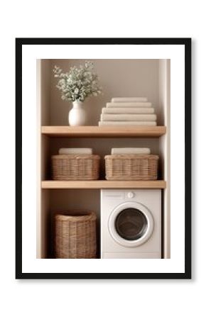 A neatly organized laundry nook with wicker baskets, folded towels, a washing machine, and a white vase with flowers on wooden shelves.