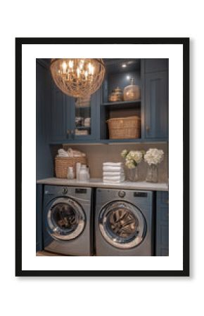 Modern Art Deco laundry room with soft blues and grays Wallpaper