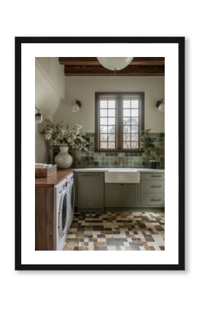 stylish laundry room featuring vintage sink, green cabinetry, and patterned floor tiles. Natural light streams through large window, enhancing room charm and functionality