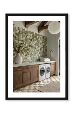 modern laundry room featuring stylish design with green mosaic tiles, wooden cabinetry, and large window. space is bright and functional, perfect for household chores