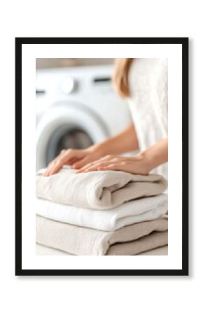 A woman is focused on folding freshly cleaned clothes in a neat and tidy laundry space, enjoying a productive moment