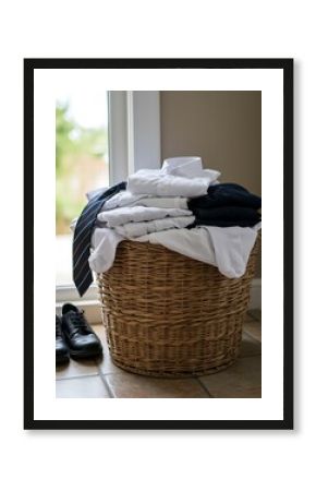 A wicker basket holds neatly folded laundry, including shirts and a tie.