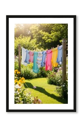 Colorful laundry hanging on a clothesline in a sunny garden.