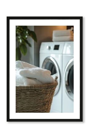 A basket filled with freshly washed and pressed towels, suggesting a neat, organized laundromat.