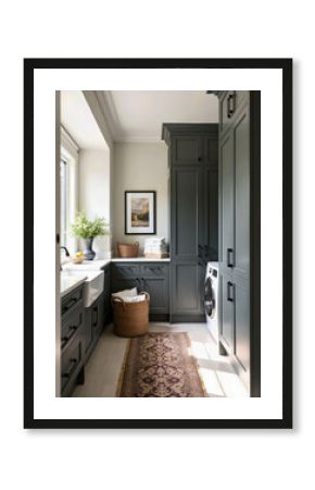 A stylish and functional farmhouse-style laundry room or pantry with dark grey shaker cabinets, a classic apron-front sink, and elegant, modern decor. 