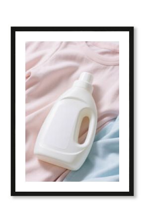 Laundry care concept with a blank white detergent or softener bottle mockup on a pile of clean pastel t-shirts