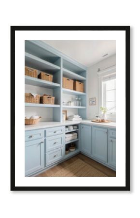 A bright and beautifully organized laundry room or pantry with light blue cabinetry, open shelving with wicker baskets, and a clean, modern farmhouse aesthetic. 
