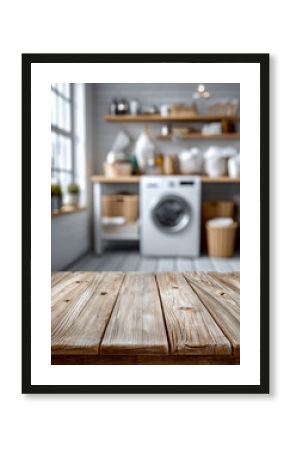 Rustic wooden tabletop with blurred background of modern laundry room featuring washing machine, storage baskets, shelves, and natural light from large window