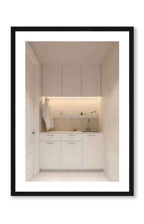Compact laundry room with built-in cabinets, sink, and warm ambient lighting in a clean modern style.