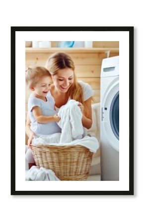 Mother and daughter doing laundry, smiling and bonding while sorting clothes in modern laundry room with washing machine.