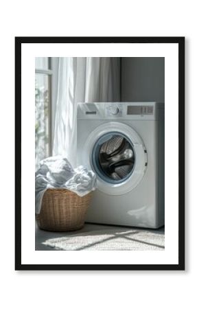 Modern laundry setup with a washing machine and a wicker basket full of towels