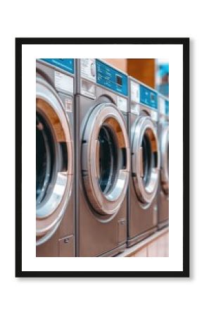 Modern laundromat with sleek washing machines and digital displays showcasing various drum sizes and settings