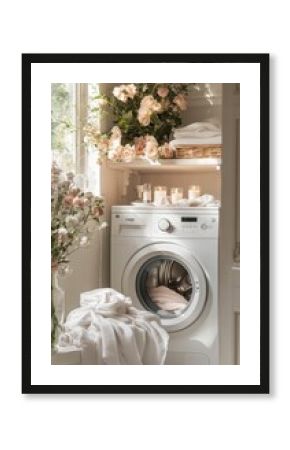 White laundry room with washer, flowers, towels, candles.