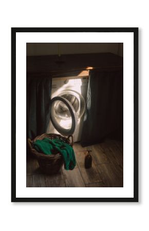 Sunlight over washing machine near laundry basket