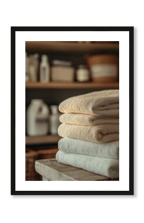 Stacked bath towels in a cozy bathroom setting